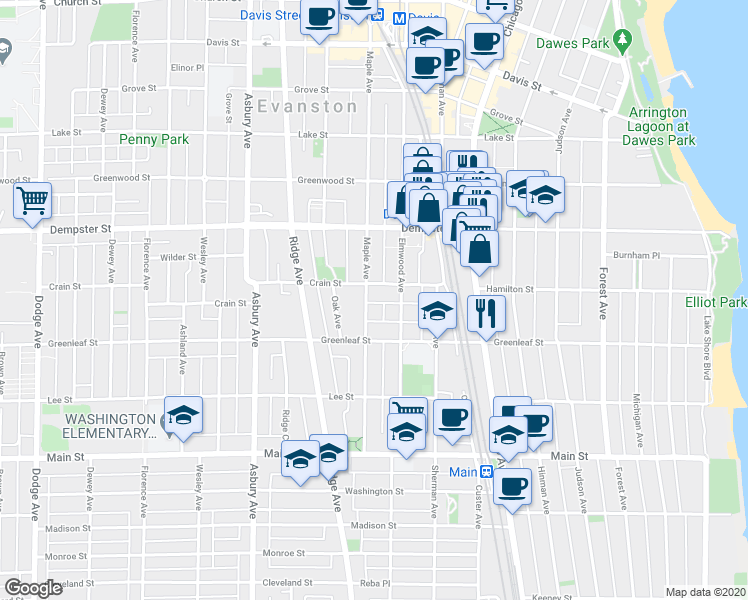 map of restaurants, bars, coffee shops, grocery stores, and more near 1135 Oak Avenue in Evanston