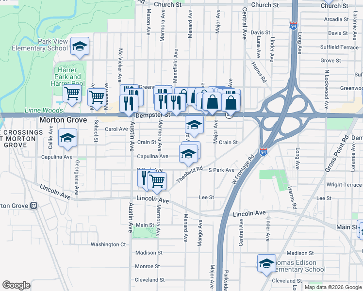 map of restaurants, bars, coffee shops, grocery stores, and more near 5821 Crain Street in Morton Grove