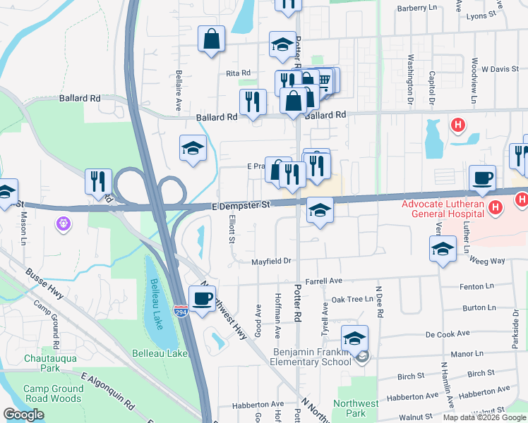 map of restaurants, bars, coffee shops, grocery stores, and more near 2785 Dempster Street in Park Ridge