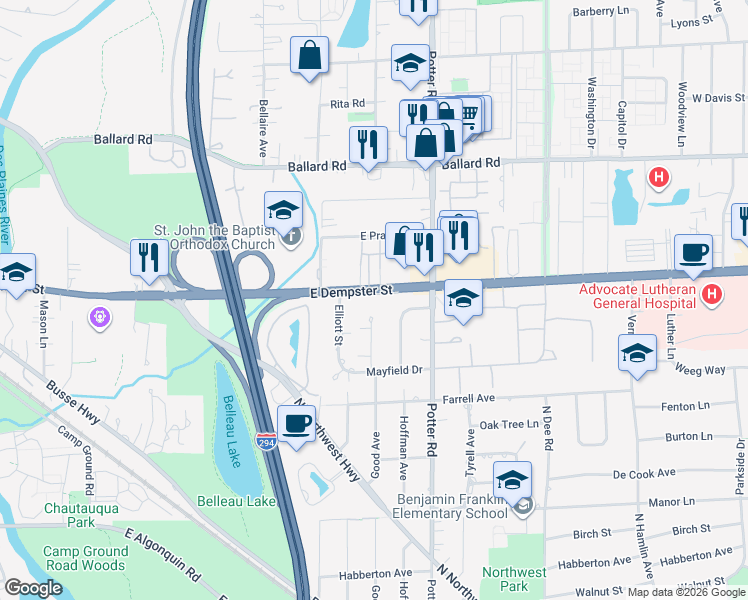 map of restaurants, bars, coffee shops, grocery stores, and more near 2785 Dempster Street in Park Ridge