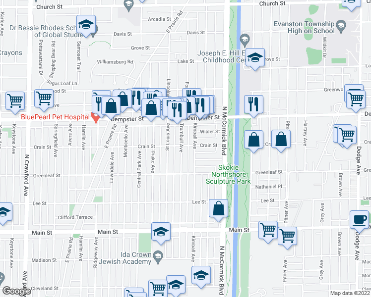 map of restaurants, bars, coffee shops, grocery stores, and more near 8659 Trumbull Avenue in Skokie