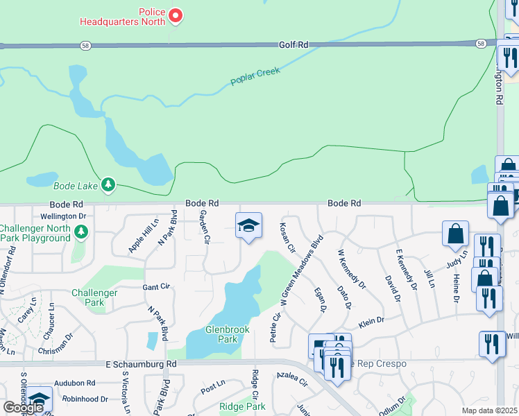 map of restaurants, bars, coffee shops, grocery stores, and more near 10 Windsor Court in Streamwood