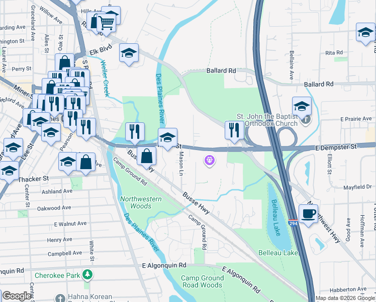 map of restaurants, bars, coffee shops, grocery stores, and more near 1891 Miner Street in Des Plaines