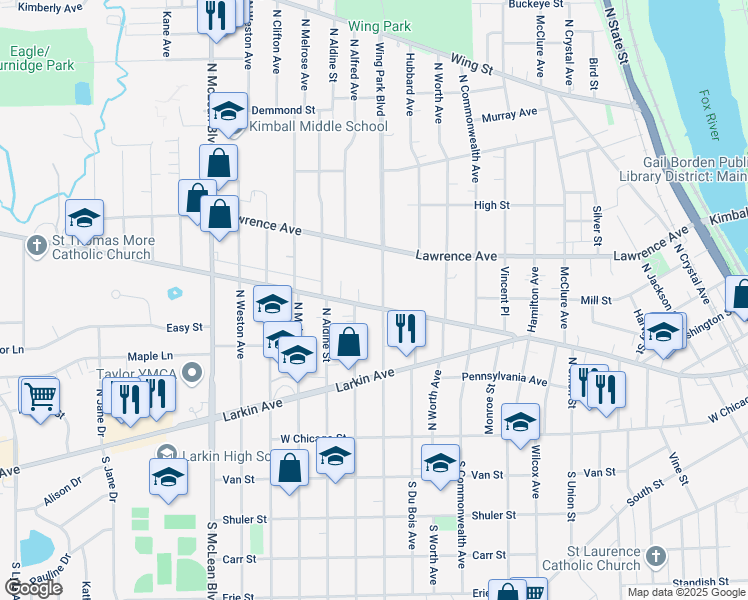 map of restaurants, bars, coffee shops, grocery stores, and more near 200 Wing Park Boulevard in Elgin