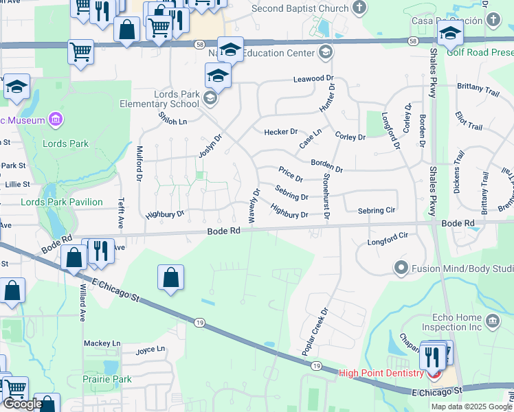 map of restaurants, bars, coffee shops, grocery stores, and more near 127 Waverly Drive in Elgin