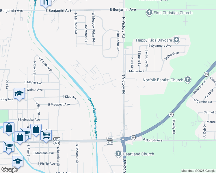 map of restaurants, bars, coffee shops, grocery stores, and more near 517 North Victory Road in Norfolk