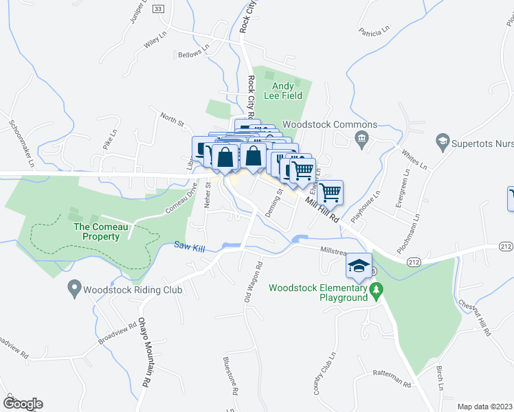 map of restaurants, bars, coffee shops, grocery stores, and more near 27 Tannery Brook Road in Woodstock