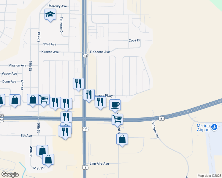 map of restaurants, bars, coffee shops, grocery stores, and more near 1305 Blackhawk Drive in Marion