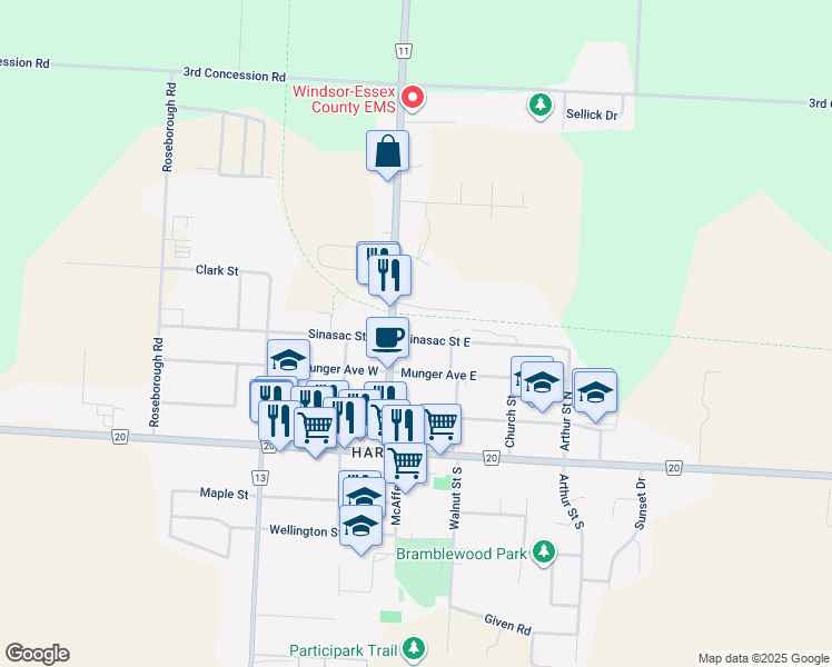map of restaurants, bars, coffee shops, grocery stores, and more near 32 Sinasac Street East in Essex