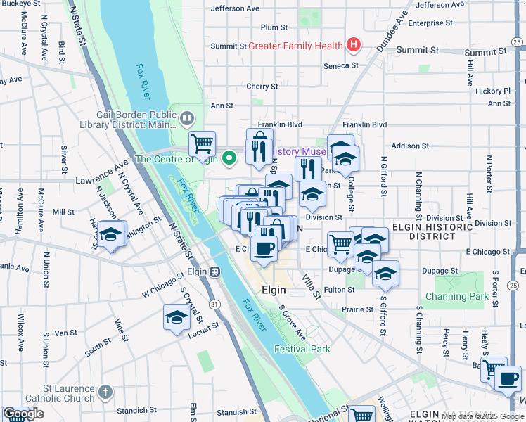 map of restaurants, bars, coffee shops, grocery stores, and more near 109 North Spring Street in Elgin