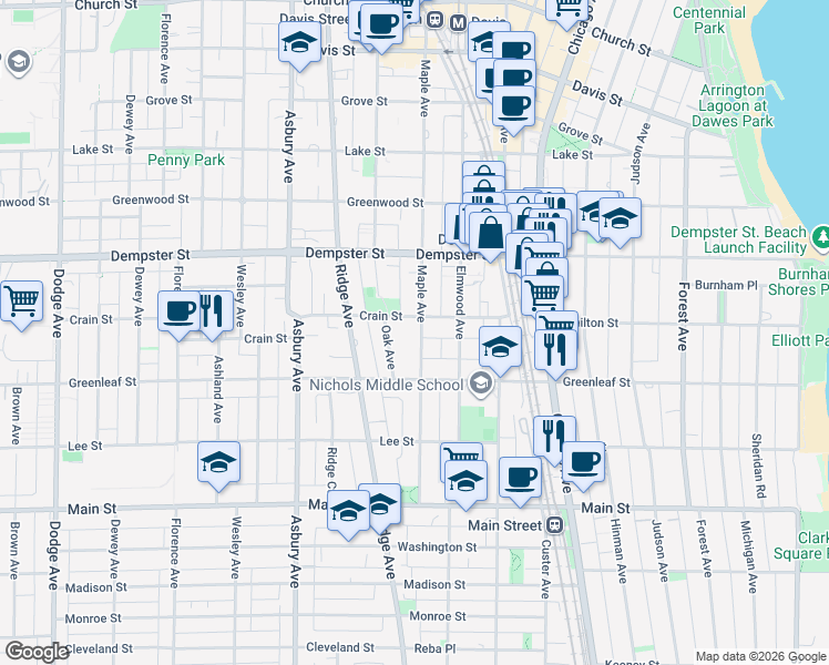 map of restaurants, bars, coffee shops, grocery stores, and more near 1134 Maple Avenue in Evanston