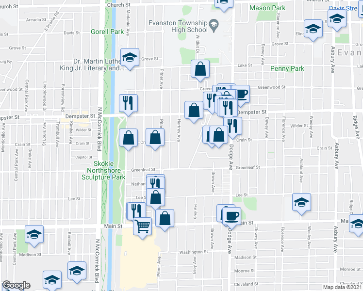 map of restaurants, bars, coffee shops, grocery stores, and more near 1205 Hartrey Avenue in Evanston