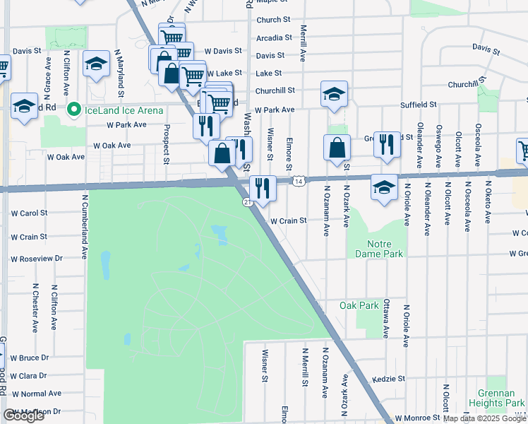 map of restaurants, bars, coffee shops, grocery stores, and more near 8705 North Milwaukee Avenue in Niles