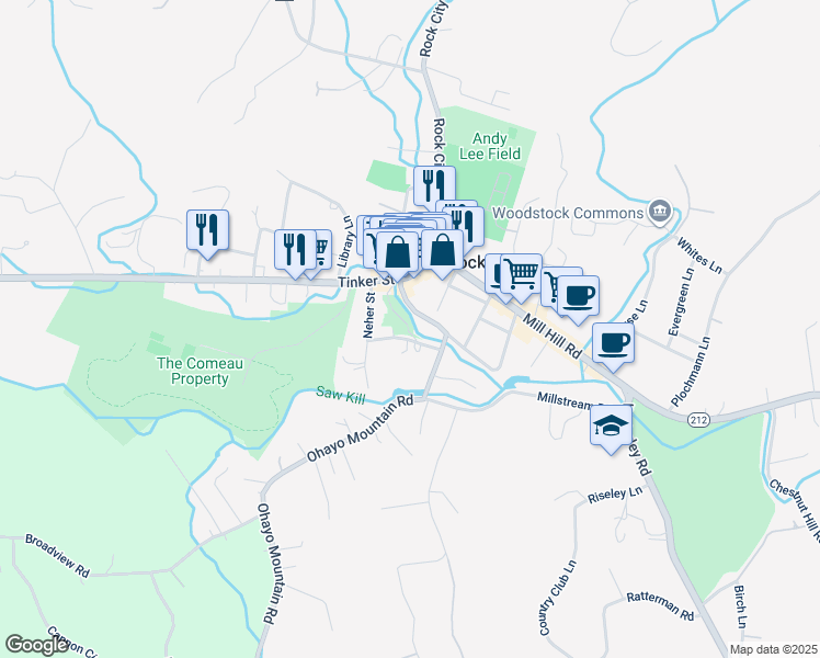 map of restaurants, bars, coffee shops, grocery stores, and more near 21 Waterfall Way in Woodstock