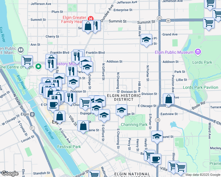 map of restaurants, bars, coffee shops, grocery stores, and more near 111 Hinsdell Place in Elgin