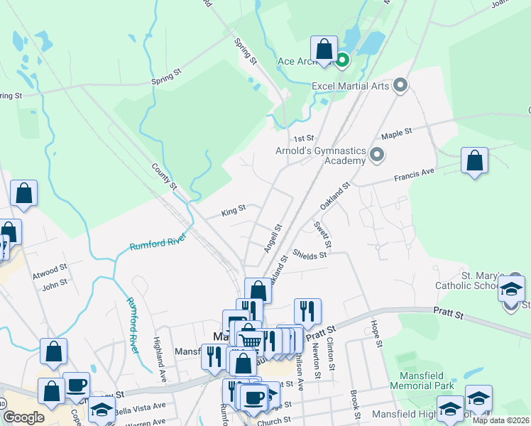 map of restaurants, bars, coffee shops, grocery stores, and more near 605 North Main Street in Mansfield
