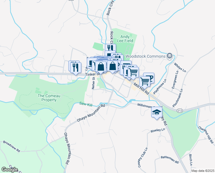 map of restaurants, bars, coffee shops, grocery stores, and more near 21 Waterfall Way in Woodstock