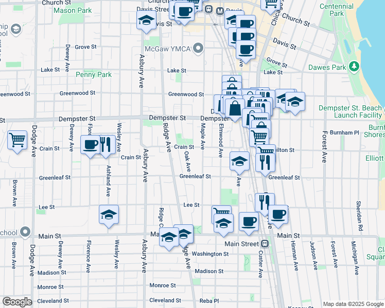 map of restaurants, bars, coffee shops, grocery stores, and more near 1135 Oak Avenue in Evanston