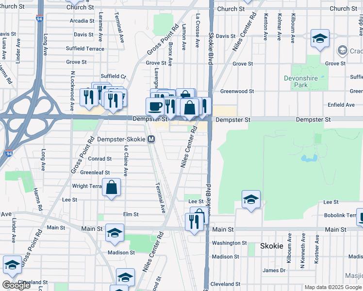map of restaurants, bars, coffee shops, grocery stores, and more near 4903 Crain Street in Skokie