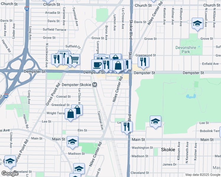 map of restaurants, bars, coffee shops, grocery stores, and more near 4903 Crain Street in Skokie