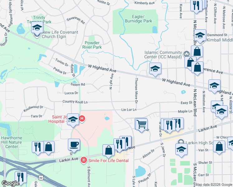map of restaurants, bars, coffee shops, grocery stores, and more near 185 North Lyle Avenue in Elgin