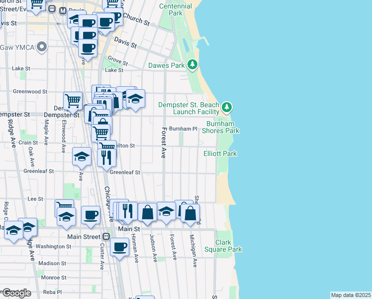 map of restaurants, bars, coffee shops, grocery stores, and more near 208 Hamilton Street in Evanston