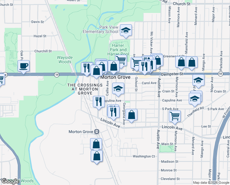 map of restaurants, bars, coffee shops, grocery stores, and more near 8648 Fernald Avenue in Morton Grove