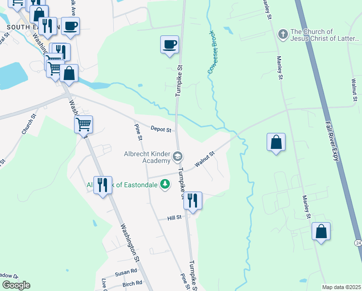 map of restaurants, bars, coffee shops, grocery stores, and more near 58 Turnpike Street in Easton