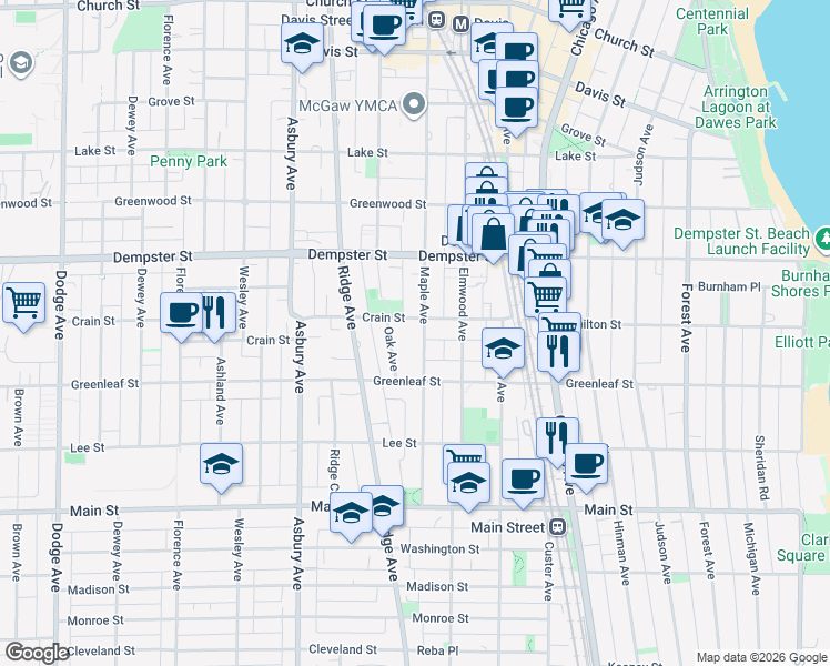 map of restaurants, bars, coffee shops, grocery stores, and more near 1136 Maple Avenue in Evanston
