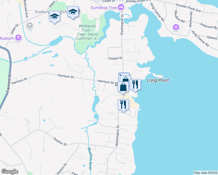 map of restaurants, bars, coffee shops, grocery stores, and more near 33 Harrison Street in Duxbury