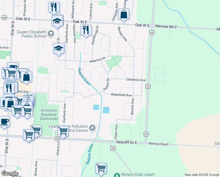map of restaurants, bars, coffee shops, grocery stores, and more near 46 Eastgrove Crescent in Essex County