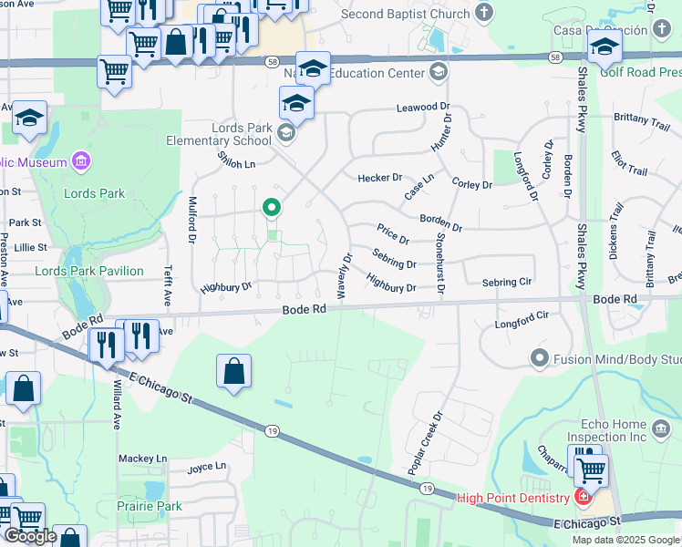 map of restaurants, bars, coffee shops, grocery stores, and more near Waverly Dr & Highbury Dr in Elgin