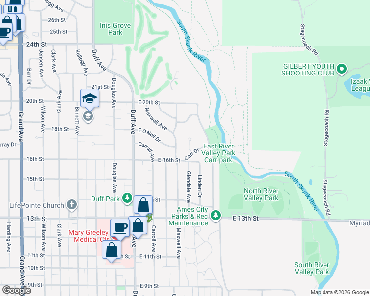 map of restaurants, bars, coffee shops, grocery stores, and more near 1609 Crestwood Circle in Ames