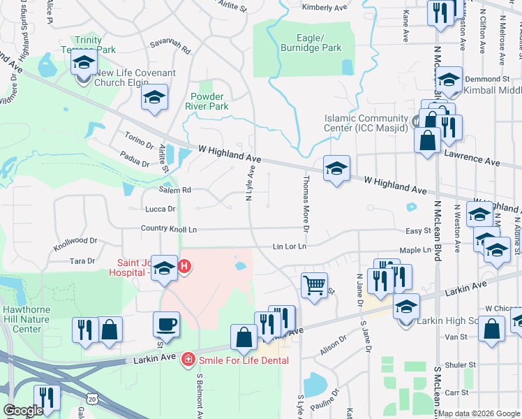 map of restaurants, bars, coffee shops, grocery stores, and more near 185 North Lyle Avenue in Elgin