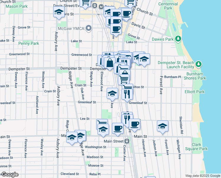 map of restaurants, bars, coffee shops, grocery stores, and more near 1138 Sherman Avenue in Evanston