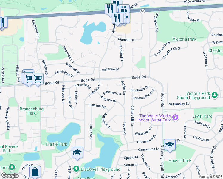 map of restaurants, bars, coffee shops, grocery stores, and more near 1900 Fairhaven Lane in Schaumburg