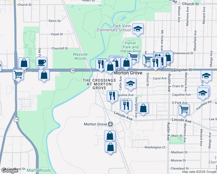 map of restaurants, bars, coffee shops, grocery stores, and more near 8650 Ferris Avenue in Morton Grove
