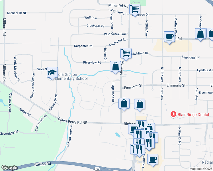 map of restaurants, bars, coffee shops, grocery stores, and more near 111 Blairsferry Crossing in Hiawatha