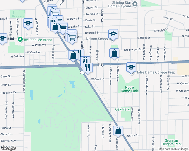 map of restaurants, bars, coffee shops, grocery stores, and more near 8716 Elmore Street in Niles