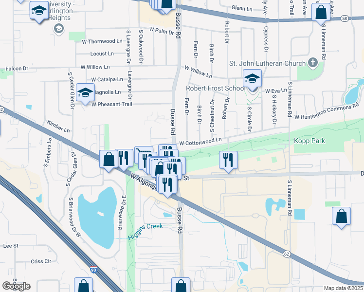 map of restaurants, bars, coffee shops, grocery stores, and more near 1701 West Cottonwood Lane in Mount Prospect