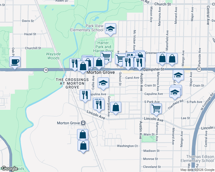 map of restaurants, bars, coffee shops, grocery stores, and more near 8700 Georgiana Avenue in Morton Grove