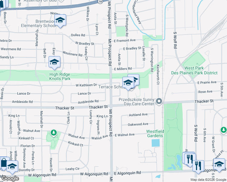 map of restaurants, bars, coffee shops, grocery stores, and more near 711 South Mount Prospect Road in Des Plaines