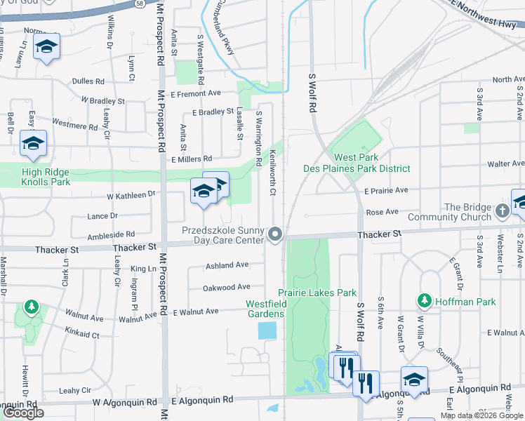 map of restaurants, bars, coffee shops, grocery stores, and more near 751 South Warrington Road in Des Plaines