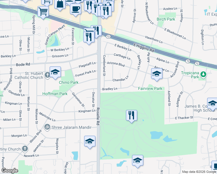 map of restaurants, bars, coffee shops, grocery stores, and more near 40 Bradley Lane in Hoffman Estates