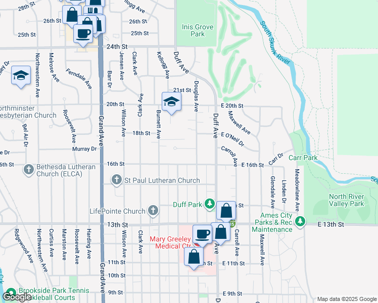 map of restaurants, bars, coffee shops, grocery stores, and more near 210 17th Street in Ames