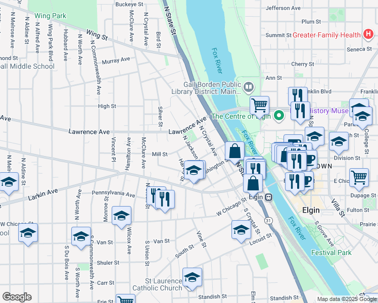 map of restaurants, bars, coffee shops, grocery stores, and more near 220 North Jackson Street in Elgin