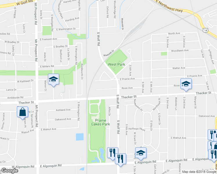 map of restaurants, bars, coffee shops, grocery stores, and more near 538 Rose Avenue in Des Plaines