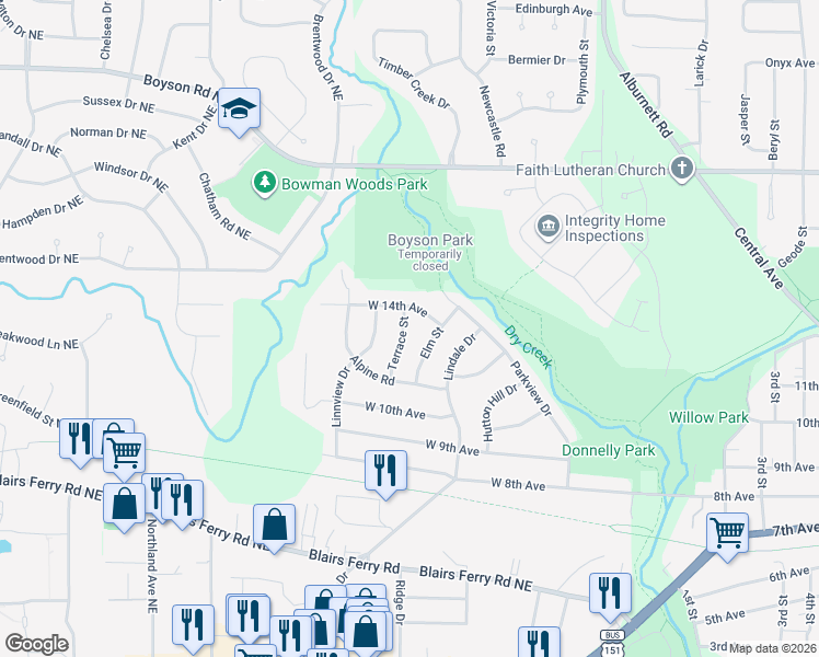 map of restaurants, bars, coffee shops, grocery stores, and more near 1315 Terrace Street in Marion