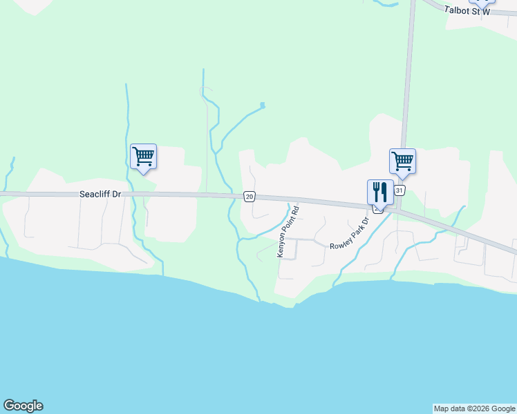 map of restaurants, bars, coffee shops, grocery stores, and more near 1526 Ravine Line Road in Kingsville