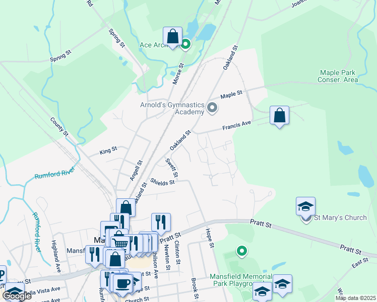 map of restaurants, bars, coffee shops, grocery stores, and more near 149 Oakland Street in Mansfield